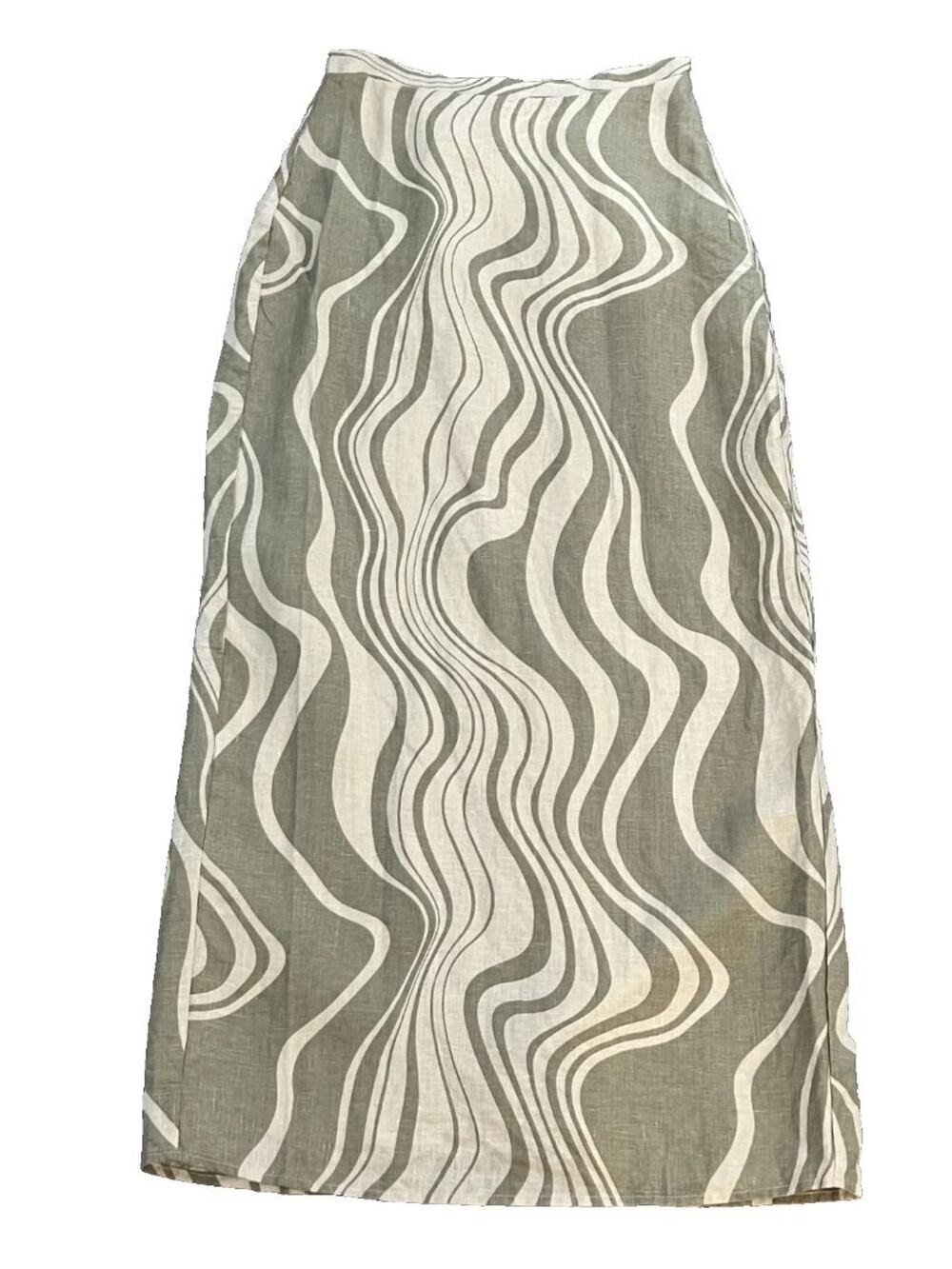 Size 6 Dissh Green Taupe Wave Linen Skirt Side Zip Midi